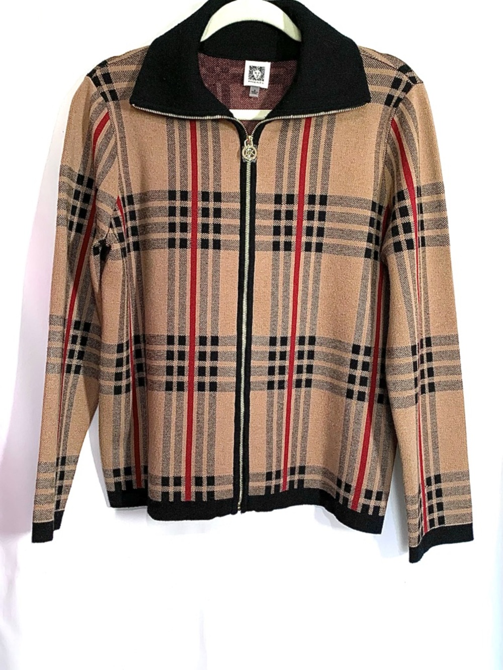 Anne Klein Burberry Pattern Plaid Zip-Front Sweater Tan with Black & Red Accents